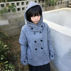 韩国日系少女学院风连帽双排扣设计感口袋短款毛呢大衣外套