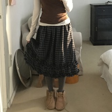 批发韩国气质百搭复古格纹拼接木耳边磨毛松紧腰小个子半身裙