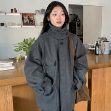 批发已出货 韩国小众复古气质立领保暖单排扣多口袋设计毛呢大衣外套