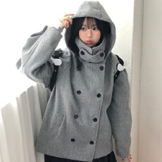 批发已出货 韩国ins复古气质学院风立领连帽<b class='q'>双排扣</b>毛呢外套日系大衣女