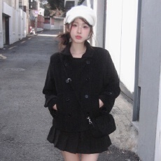 批发有货 韩国复古学院风日系少女翻领双排扣夹棉短款羊毛呢外套大衣