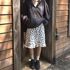 批发已出货 韩国春季减龄气质复古波点木耳荷叶边系带显瘦百搭<b class='q'>半身</b>裙