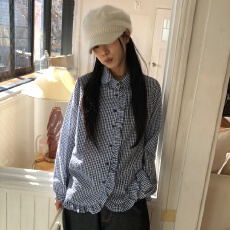 批发韩国ins复古气质<b class='q'>甜美</b>日系格子木耳荷叶边娃娃领长袖衬衫女