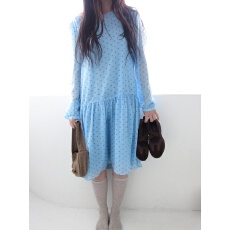 批发韩国小众鬼马少女早春波点dot 轻亚复古感圆领长袖连衣裙