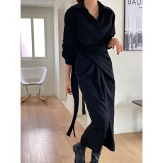 批发有货 韩国INS设计师款小众法式<b class='q'>优雅</b>气质长款交叉围裹衬衫<b class='q'>连衣裙</b>女