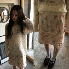 批发已出货 韩国 复古油画般质感 粉玫瑰压褶温柔雪纺显瘦系带半身裙