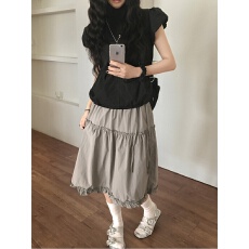 批发已出货 复古蛋糕花边半身裙 芭蕾风甜酷灰色高腰百搭显瘦A字裙