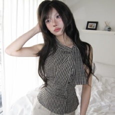 批发韩国复古格纹系带无袖<b class='q'>衬衫</b>女夏季设计感侧扣修身挂脖背心