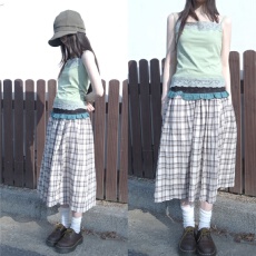 批发韩国鬼马系少女日系复古格纹休闲慵懒风百搭中长款半身裙