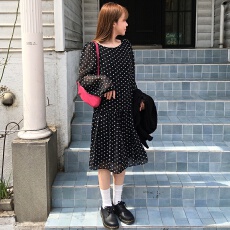 批发已出货 韩国复古小众气质温柔减龄圆领波点雪纺日系<b class='q'>长袖</b>连衣裙女