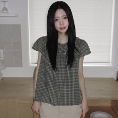 批发有货 韩国<b class='q'>甜美</b>日系少女复古格纹娃娃领木耳边显瘦短袖衬衫上衣女