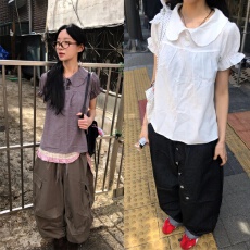 批发已出货 韩国<b class='q'>甜美</b>少女复古日系格纹娃娃领荷叶边泡泡短袖衬衫上衣