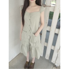 批发韩系简约<b class='q'>文艺</b>复古气质方领单排扣大口袋休闲小飞袖<b class='q'>连衣裙</b>