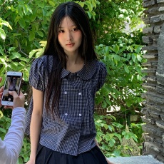 批发有货 双排扣复古森系格纹泡泡袖宽松<b class='q'>衬衫</b>韩系少女乖巧气质娃娃衫