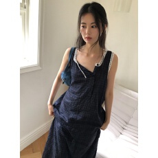 批发韩国东大门复古格纹拼接蕾丝花边方领侧排扣无袖<b class='q'>背心</b>连衣裙