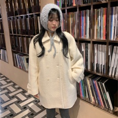批发已出货 韩国温柔风复古翻领双排扣夹棉日系小个子外套毛呢大衣女