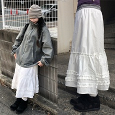 批发有货 韩国日系<b class='q'>复古</b>气质甜美减龄百搭木耳边松紧腰小个子半身裙女