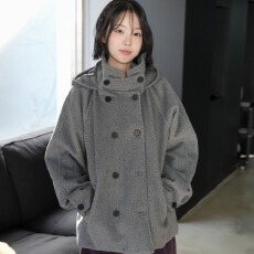 批发已出货 <b class='q'>韩国</b>秋冬气质复古日系学院风立领连帽双排扣毛呢外套大衣