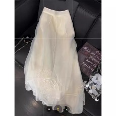 批发新中式国风刺绣不规则纱裙子女<b class='q'>夏季</b>森系超仙温柔风半身裙女中长款