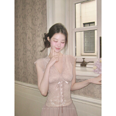 批发绝美气质温柔风V领系带蕾丝上衣半身裙女修身显瘦中长款粉色裙子