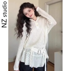 批发白色蕾丝镂空连帽<b class='q'>长袖</b><b class='q'>衬衫女</b>秋季设计感小个子宽松荷叶边<b class='q'>长袖</b>上衣