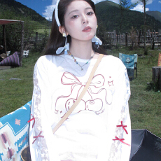 批发雪花棉韩系<b class='q'>蕾丝</b>拼接长袖防晒<b class='q'>罩衫</b>T恤女夏季宽松慵懒风上衣