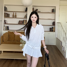 批发3MER哦哦三妹韩系蕾丝镂空长袖针织衫春夏小众别致连帽卫衣裙上衣