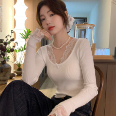 人棉270克低圆领蕾丝边针织打底衫女内搭秋毛衣修身长袖上衣