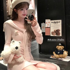 批发Acaine粉色中长款海军领收腰连衣裙女冬季法式内搭叠穿修身裙子