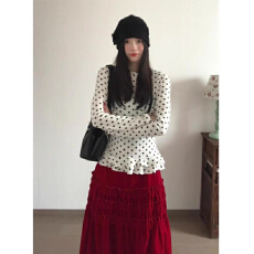 批发白色下摆荷叶边波点针织衫女春装裙摆式拼接打底衫独特<b class='q'>超</b>好看上衣