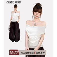 批发人棉270克假两件挂脖一字肩露肩<b class='q'>短袖</b><b class='q'>t</b><b class='q'>恤</b>女修身短款辣妹上衣