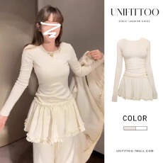 批发内搭打底花边下摆修身<b class='q'>连衣裙</b>子2025新款秋<b class='q'>冬季</b>长袖撞色叠穿短裙女