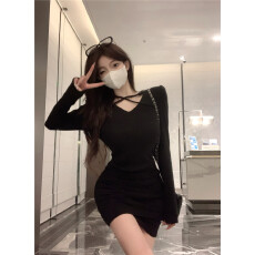 批发正肩交叉小个子连衣裙女秋冬新款辣妹性感修身内搭打底包臀短<b class='q'>裙子</b>