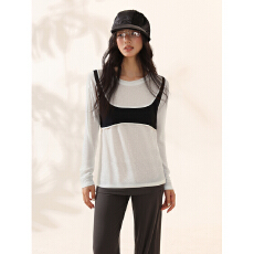 Creamsu叙白 撞色宽松圆领假两件长袖T恤女早秋慵懒休闲百搭上衣