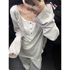 superniniyy 慵懒风半开斜领拼接假两件长袖宽松百搭显瘦T恤衫女