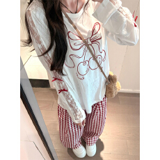 批发韩系白色蝴蝶结印花蕾丝拼接<b class='q'>长袖</b>t恤女秋季薄款宽松防晒罩衫上衣