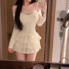 批发人棉270克纯欲性感网纱一字肩长袖T恤女早秋轻熟露肩修身上衣