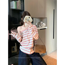 批发原版新宿双纱复古撞色条纹斜肩长袖<b class='q'>T</b><b class='q'>恤</b>女秋季减龄露肩上衣