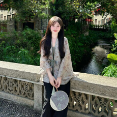 批发2025年国风古典禅意松弛感<b class='q'>宽松</b>系带长袖开衫外套+吊带背心套装潮