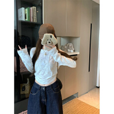 棉柔提花白色蕾丝花边字母圆领长袖T恤女秋修身内搭打底上衣