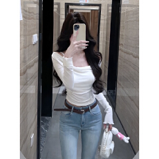 纯欲白色一字肩长袖T恤女秋季假两件修身显瘦打底衫百搭气质上衣