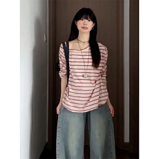 批发原版新宿双纱甜辣妹红色条纹斜肩长袖<b class='q'>t</b><b class='q'>恤</b>女秋季气质露肩上衣