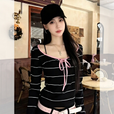 批发韩系条纹U领系带长袖t恤女秋季高级感<b class='q'>超</b>好看内搭打底衫甜辣妹上衣