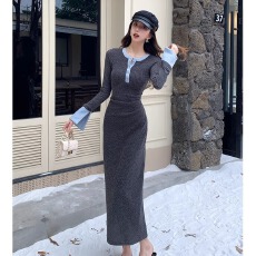 批发【原版2x2彩棉坑条】长袖针织<b class='q'>连衣裙</b>女秋冬小众撞色包臀毛衣长裙