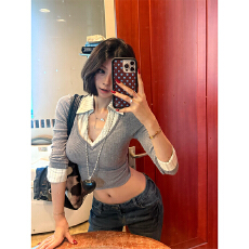 批发拼接条纹假两件翻领长袖针织T恤女秋季修身收腰上衣