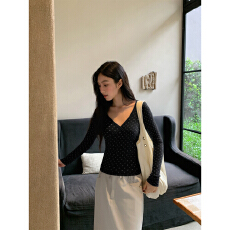 批发【羊绒罗纹】 韩系碎花V领长袖打底衫女<b class='q'>秋</b>季修身显瘦气质内搭上衣