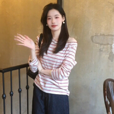 批发原版新宿双纱韩系慵懒条纹斜肩长袖<b class='q'>T</b><b class='q'>恤</b>女秋宽松显瘦露肩上衣