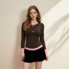 批发人棉270克撞色假两件长袖圆领<b class='q'>T</b><b class='q'>恤</b>女秋修身内搭打底衫圆领上衣