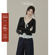 批发【人棉270克】蕾丝拼接假两件黑色长袖<b class='q'>t</b><b class='q'>恤</b>女秋季内搭上衣