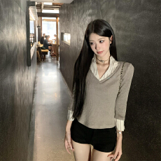 批发韩系假两件V领针织衫女秋冬休闲慵懒风修身显瘦内搭打底上衣